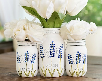 Painted Texas Bluebonnet Flower Mason Jars - Painted Distressed Mason Jars