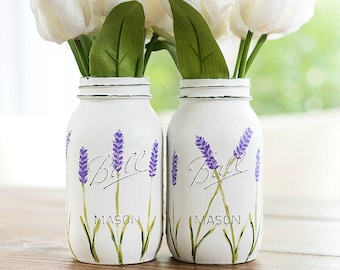 Lavender Flower Painted Mason Jar - Quart Size Mason Jars Painted & Distressed