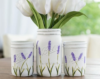 Lavender Flower Painted Mason Jars - WIDE MOUTH Painted Lavender Flower Mason Jars