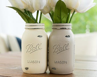 Cream and Tan Painted, Distressed Mason Jars - Quart Size Painted Mason Jar Vases