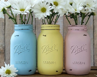 Pastel Painted Mason Jars - Quart Size - Blue, Yellow, Pink