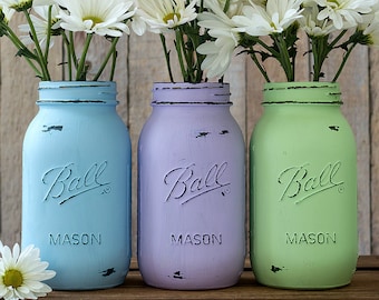 Pastel Painted Mason Jars - Quart Size - Blue, Lavender, Green