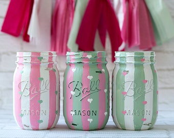 Pink  and Green Painted Mason Jars - Hearts and Stripes - Baby Shower, Wedding Shower