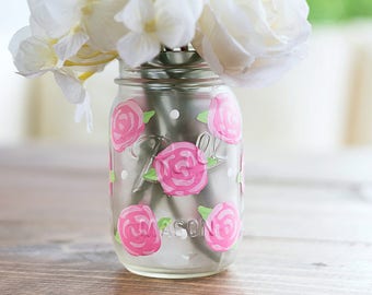 Rose Painted Mason Jar - Painted Rose Flower Mason Jar - Girls Room Decor with Roses