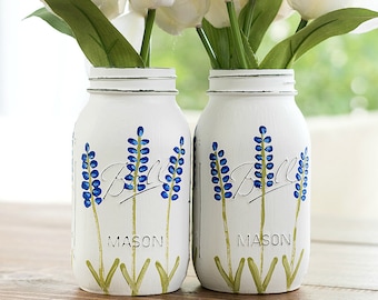 Painted Texas Bluebonnet Mason Jars - Quart Size Mason Jars Painted, Distressed