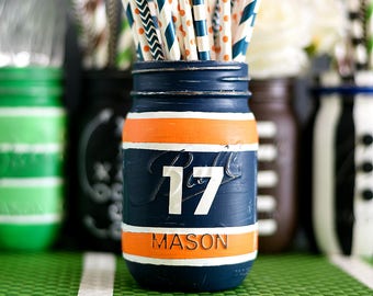 Football Jersey Mason Jar - Football Team Jersey Painted, Distressed Mason Jar - This Listing is for SINGLE Pint Size Jar