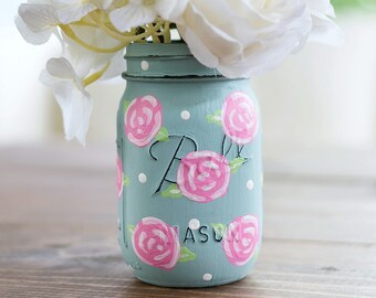 Rose Flower Painted Mason Jar - Pink Rose Mason Jar - Painted Distressed Mason Jar with Roses