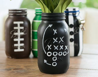 Football Game Plan Mason Jar - QUART SIZE Football Chalkboard Mason Jar - Painted Mason Jar