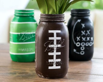 Football Mason Jar - QUART SIZE - Painted Football Mason Jar