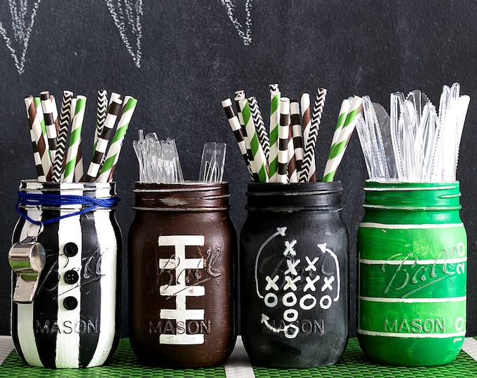 Football Mason Jars Football Party Mason Jar Set Boys Party Football Sports Mason Jars Etsy