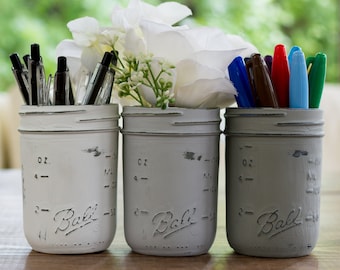 Grey, Greige, White Half-Pint Painted & Distressed Mason Jars