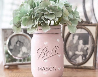 Painted Hearts Mason Jar in Blush and White - Valentine's Day Mason Jar Gift Idea - Valentine's Day Heart Vase