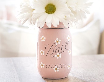 Daisy Mason Jar - Painted White Daisy on Pink Jar - White, Gold Daisy Blush Pink Mason Jar