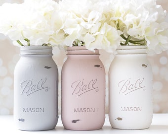 Blush Pink, Gray, White Painted Mason Jars - Quart (oz) 32 Mason Jars - Weddings, Showers, Parties, Home Decor - Set of 3