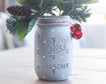 Christmas Tree Paint Mason Jar - Snowy Christmas Trees Painted on Mason Jar - Gray Mason Jar with Green Evergreen Trees for Winter