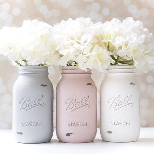 White Painted and Distressed Mason Jars for Weddings Pink Green Showers Home Decor