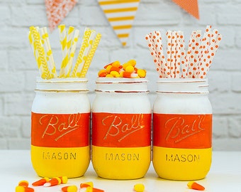 Candy Corn Mason Jars - Halloween Mason Jars - Painted and Distressed Mason Jars - Orange, Yellow, White Mason Jars