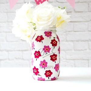 Painted Mason Jar - Pink Flower Painted Mason Jar - Marimekko Flower Mason Jars