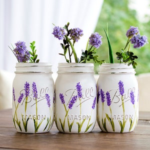 Lavender Flower Painted Mason Jars - Painted Mason Jars - Lavender Mason Jars - Flower Mason Jars