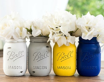 Mason Jars - Painted Mason Jars in Royal Blue, Yellow, Gray, White - Weddings, Showers, Home Decor