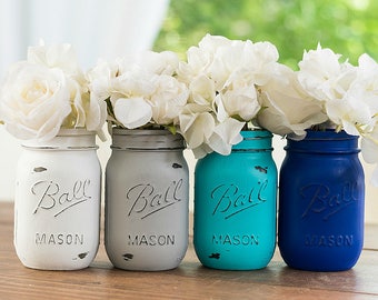 Painted Mason jars - Royal Blue, Turquoise/Aqua, Gray, White - Centerpiece, Vase