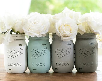 Painted Mason Jars - Chalk Paint Mason Jars - Baby Blue, Gray, Greige, White