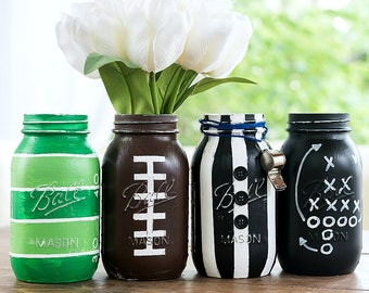 Football Mason Jars - QUART SIZE - Painted & Distressed Football Mason Jars - Super Bowl Party - Football Party Decor Ideas