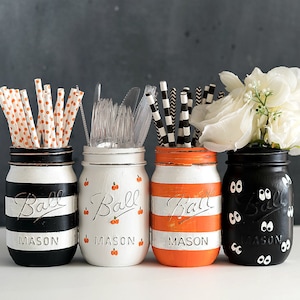 Halloween Mason Jar Set Painted Pumpkin Mason Jar Striped Mason Jar Orange, Black, White image 1