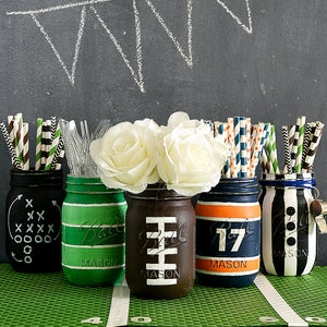 Football Party Mason Jars - Football, Football Jersey, Football Field, Game Plan, Referee - Painted Distressed Mason Jars