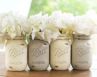 Cream and Tan Painted Distressed Mason Jars - Off White and Beige Mason Jars - Chalk Paint Mason Jars