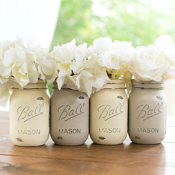 Cream and Tan Painted Distressed Mason Jars - Off White and Beige Mason Jars - Chalk Paint Mason Jars