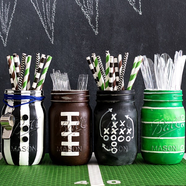 Football Mason Jars - Football Party Mason Jar Set - Boys Party Football Sports Mason Jars