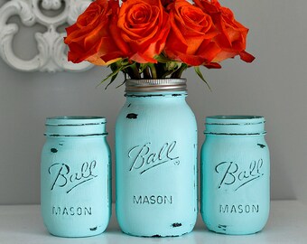 Aqua Blue Painted & Distressed Mason Jars - Vases, Centerpieces, Home Decor, Weddings, Showers, Special Events
