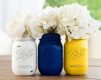 Blue, Yellow, White Painted Distressed Mason Jars - Wedding, Showers, Centerpieces