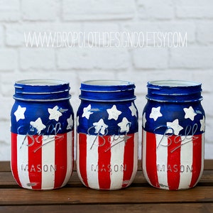 American Flag Mason Jars - Red, White, Blue Mason Jars - Stars and Stripes Mason Jars - Pints