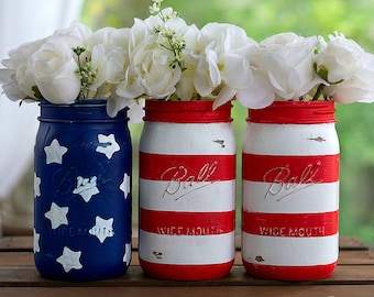 Red, White, Blue Flag Mason Jars - Wide Mouth Quarts - Fourth of July, Memorial Day, Labor Day