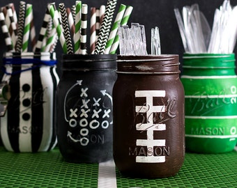 Football Mason Jar - Painted & Distressed Football Mason Jar - Game Day Party Ideas - Boy Room Decor