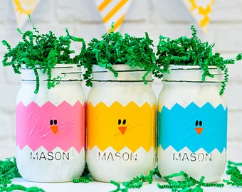 Easter Peeps Mason Jars - Easter Chicks in Eggs Mason Jars - Easter Mason Jars - Painted Distressed Mason Jars