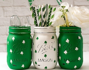 Shamrock Mason Jars - Painted Mason Jars - St Patrick Day Decor