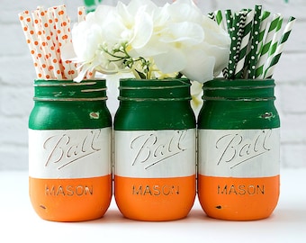 Irish Flag Mason Jar Vases - Painted, Distressed Irish Flag Jars - St Patrick Day Decor