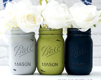 Blue, Green, Gray Painted & Distressed Mason Jars - Weddings, Showers, Events, Home Decor