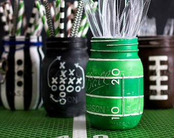 Football Field Mason Jar - (1) ONE MASON JAR Painted as Football Field - Game Day Mason Jar - This Listing is for Single Pint Size Jar