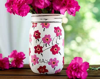 Paint Mason Jar -- Pink Marimekko Inspired Flower Painted Mason Jar