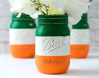 Irish Flag - Irish Flag Mason Jar - St Patrick Day Decor - St Patrick Day Party Decor - Painted Mason Jar
