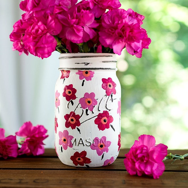 Paint Mason Jar -- Pink Marimekko Inspired Flower Painted Mason Jar