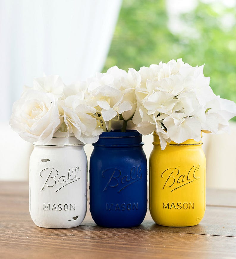 Blue Yellow White Painted Distressed Mason Jars Wedding Etsy
