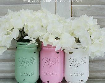 Pink, Green, White Painted and Distressed Mason Jars for Weddings, Showers, Home Decor