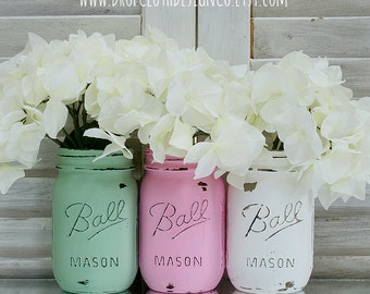 Pink, Green, White Painted and Distressed Mason Jars for Weddings, Showers, Home Decor