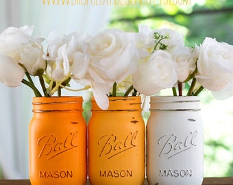 Tangerine Painted, Distressed Mason Jars -- Vase, Centerpiece, Wedding, Showers