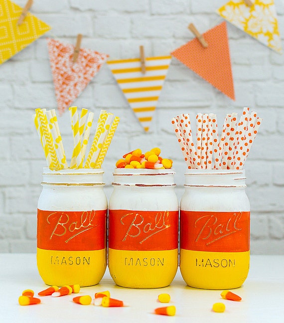 Candy Corn Mason Jars Halloween Mason Jars Painted and | Etsy